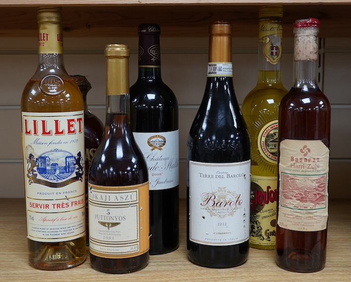 Seven bottles of wine and liqueur to include Barolo 2012 and Chateau Mallet 2008. Condition - storage unknown
